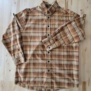 Orvis Signature Selection Mens M Button Down Shirt 100% Cotton Brown Tan Plaid